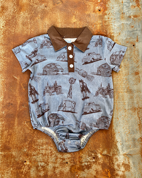 Blue Farm Print Polo Onesie