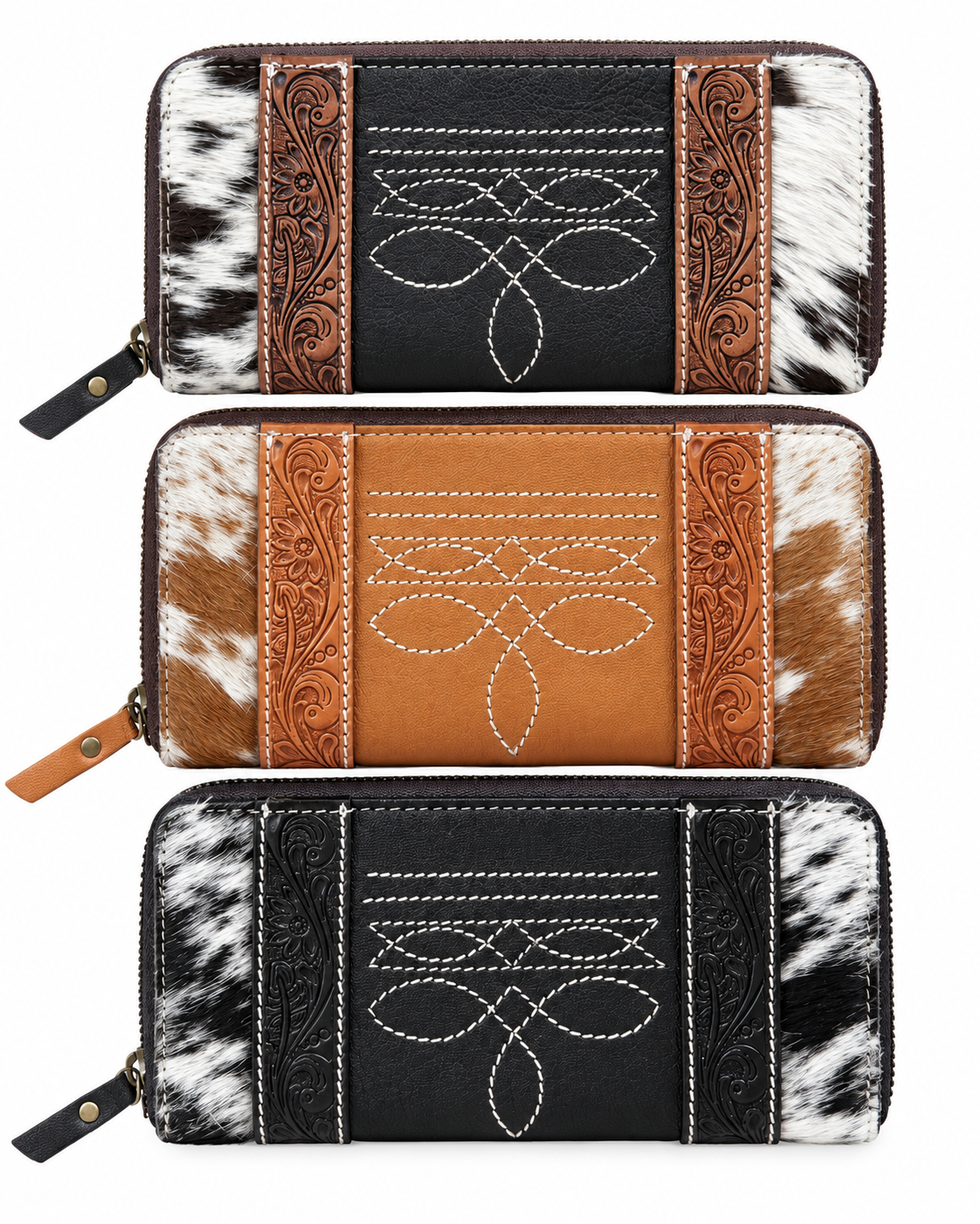 Cowhide Boot Stitch Zippered Wallet