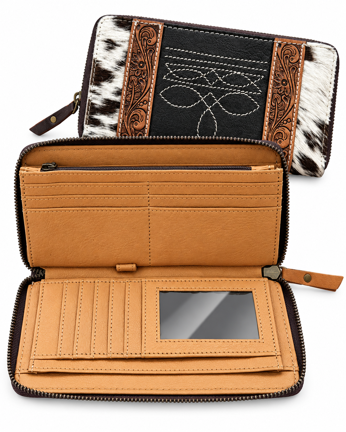 Cowhide Boot Stitch Zippered Wallet