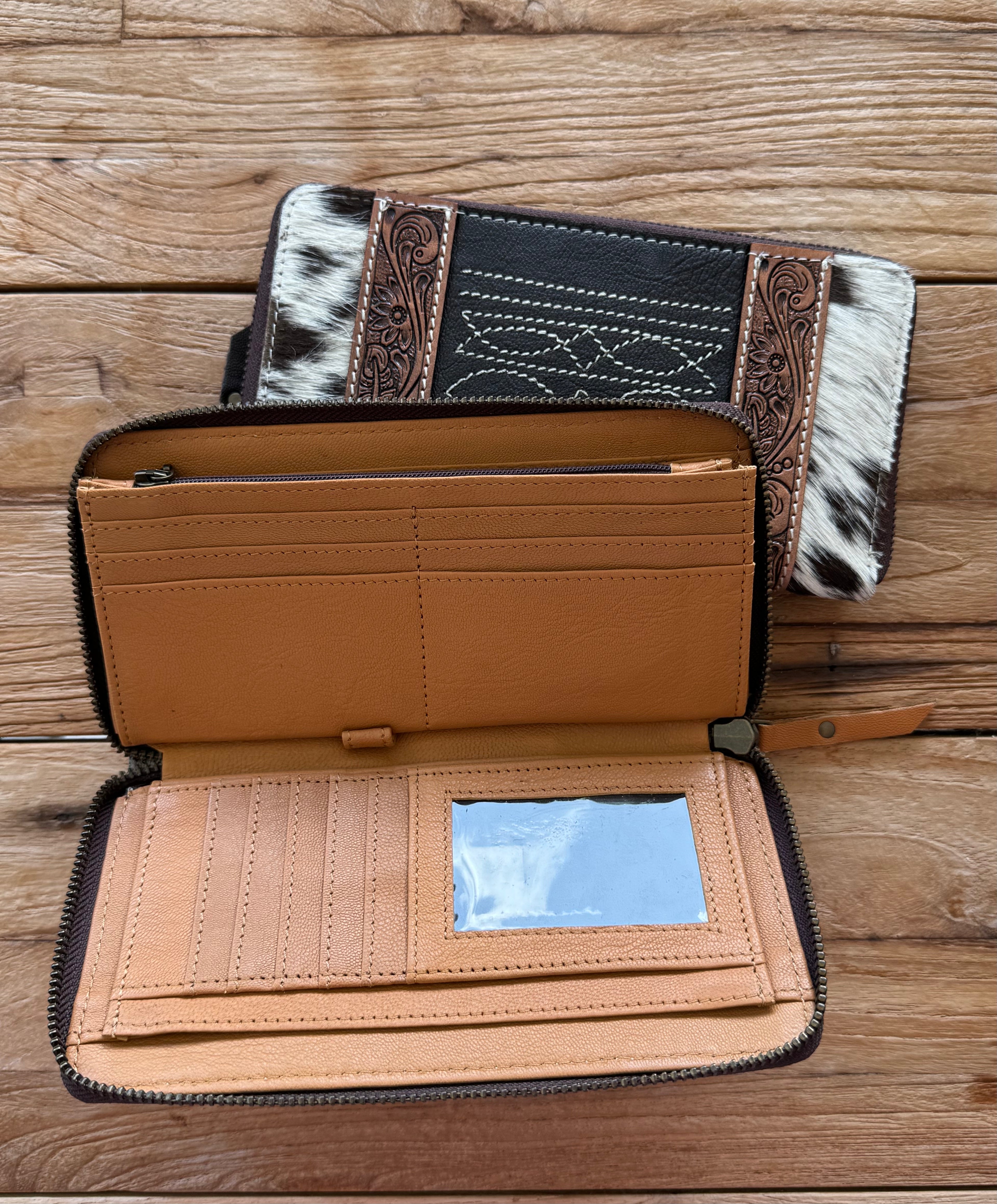 Cowhide & Tooling Leather Boot Stitch Zippered Wallet