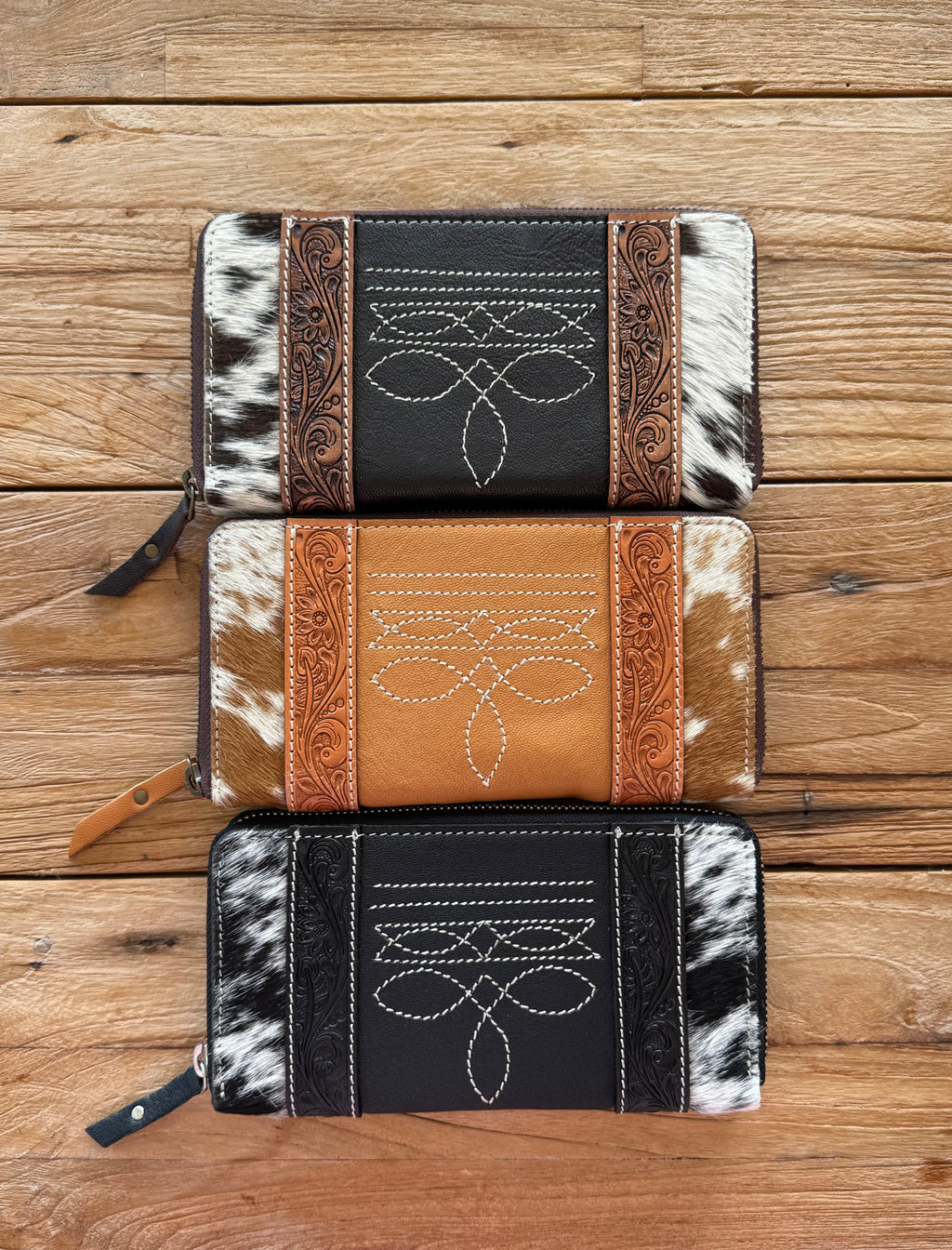 Cowhide & Tooling Leather Boot Stitch Zippered Wallet