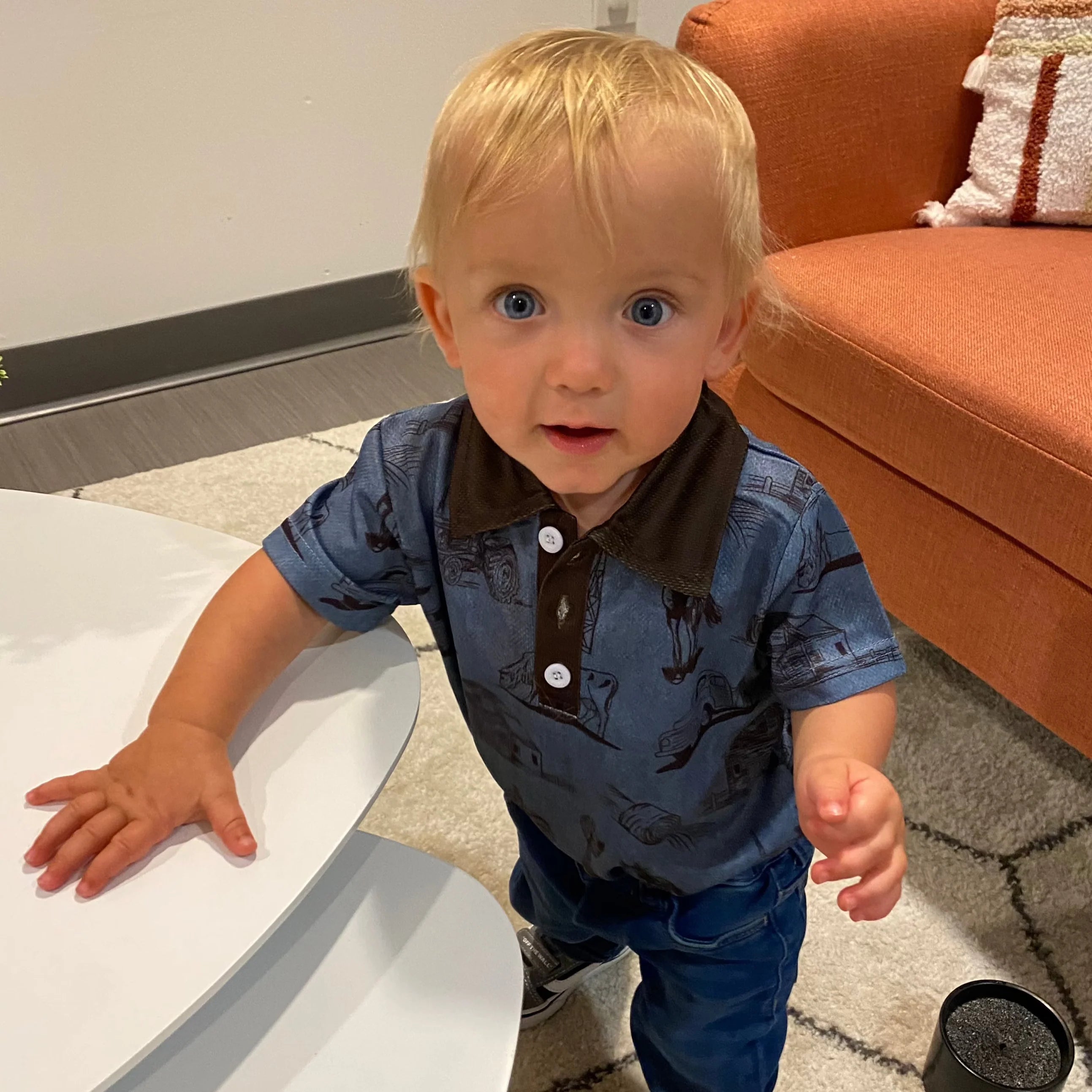 Blue Farm Print Polo Onesie