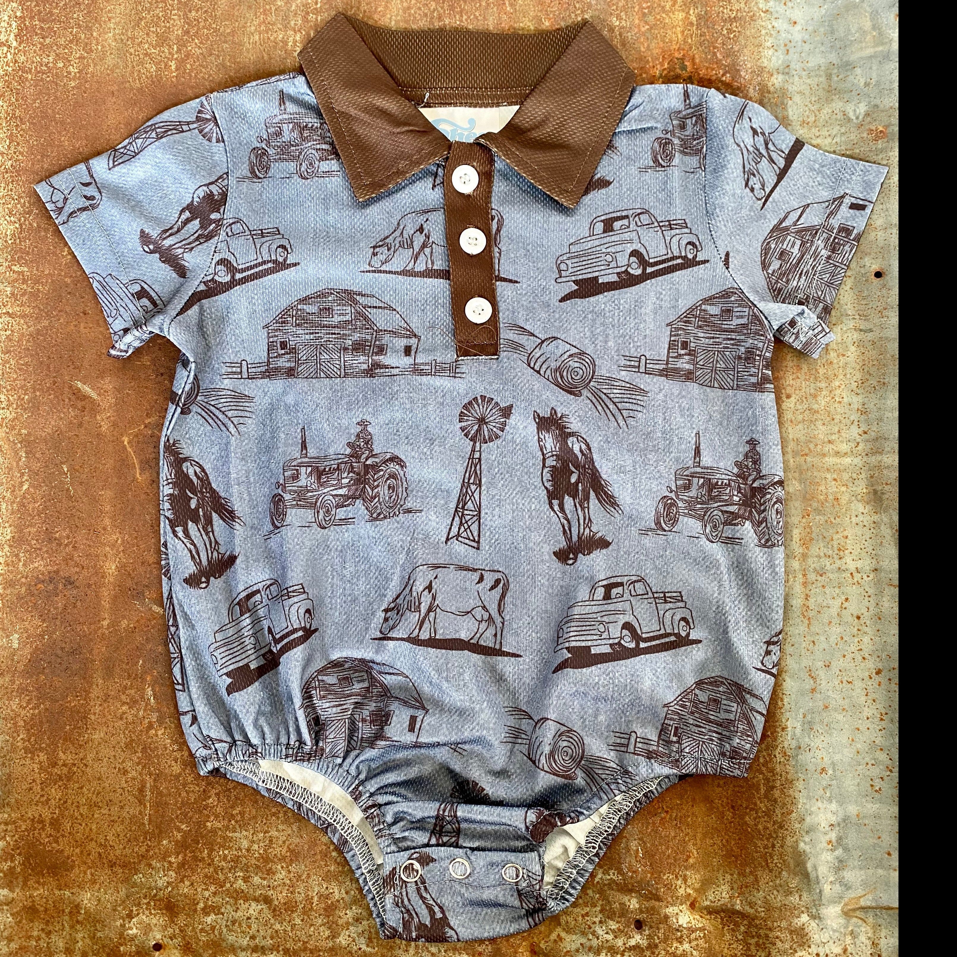 Blue Farm Print Polo Onesie