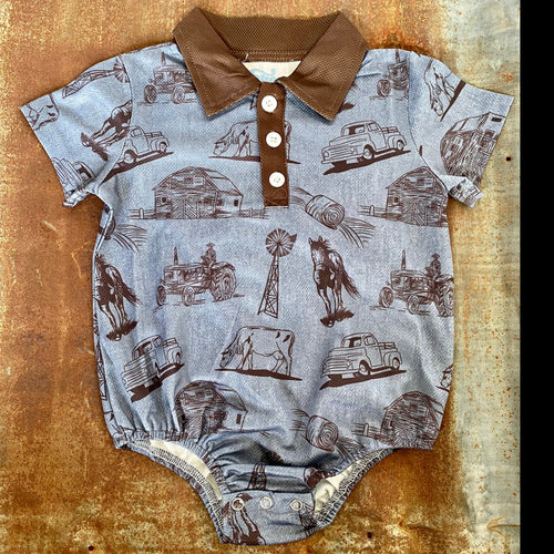 Blue Farm Print Polo Onesie