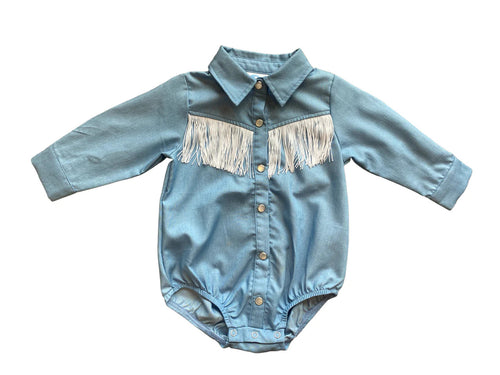 Blue Tassel Pearl Snap Onesie