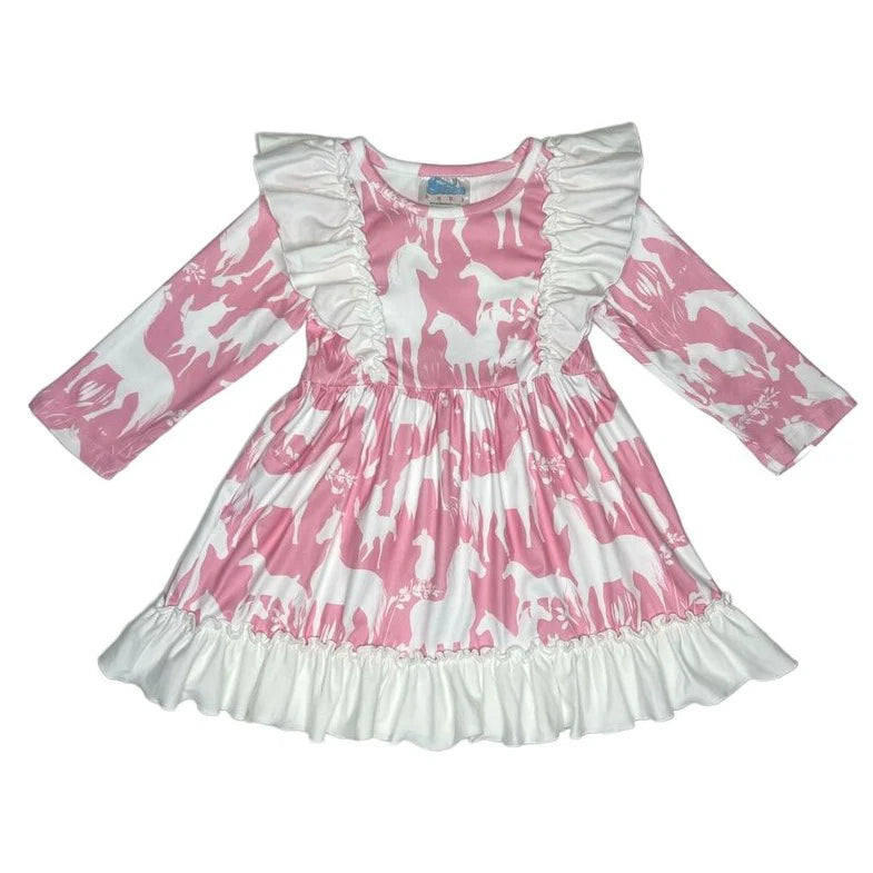 Grazing Horse Ruffle Long Sleeve Dress Toddler