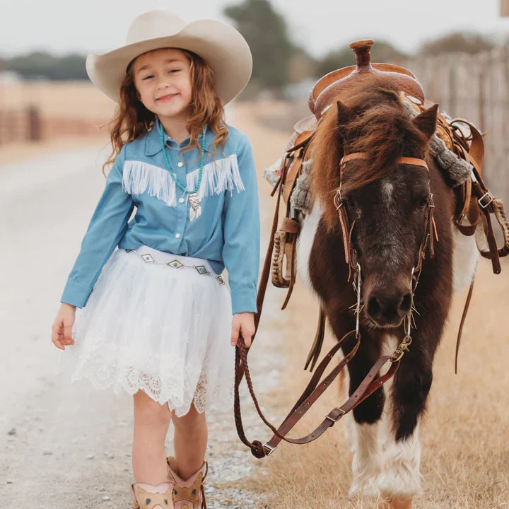 Denim Fringe Pearl Snap Long Sleeve Shirt