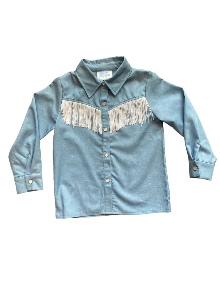 Denim Fringe Pearl Snap Long Sleeve Shirt