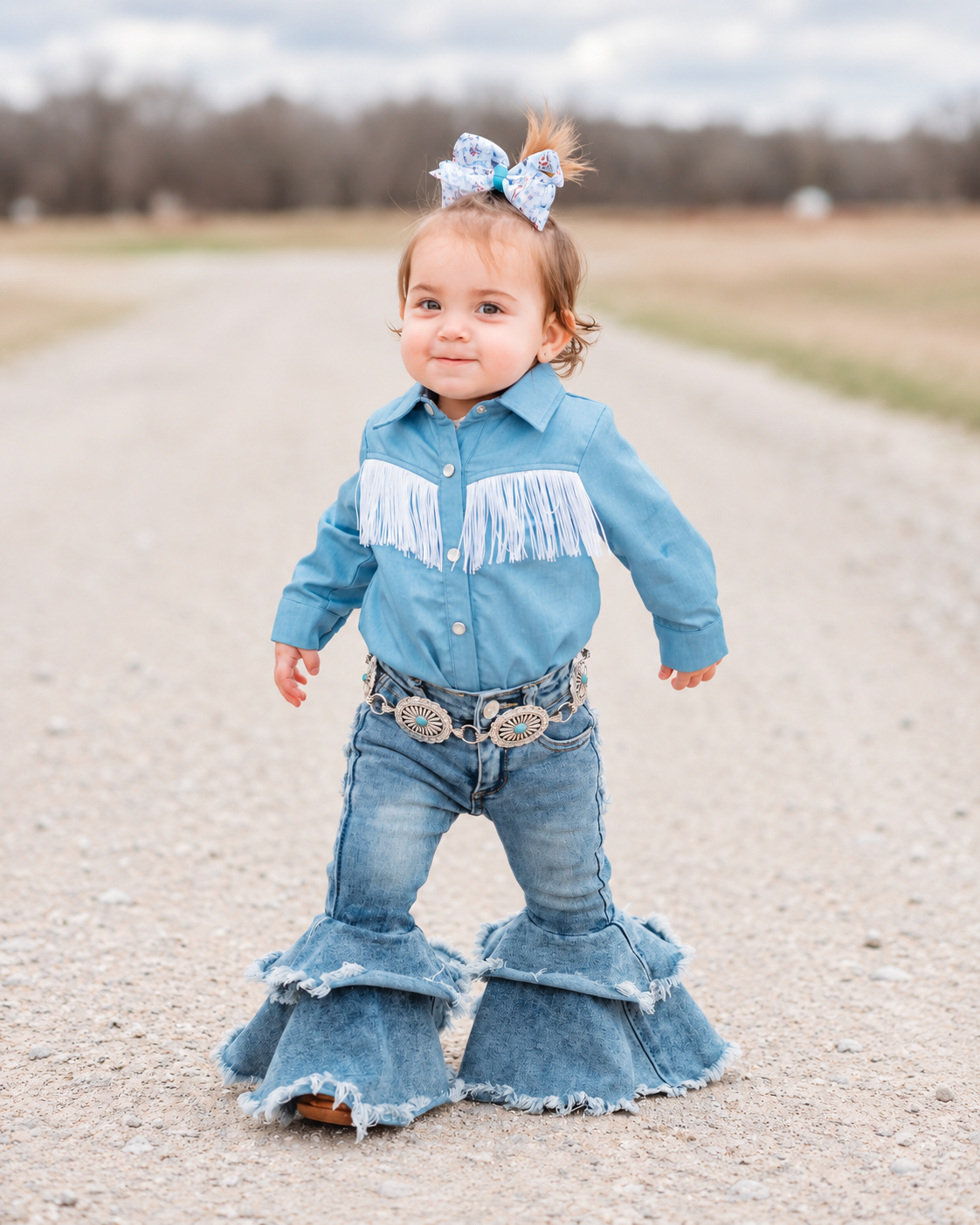 Denim Fringe Pearl Snap Onesie