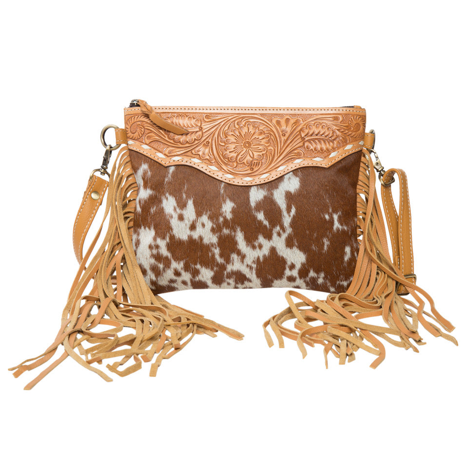 Tooling Leather Cowhide Clutch Bag with Fringes