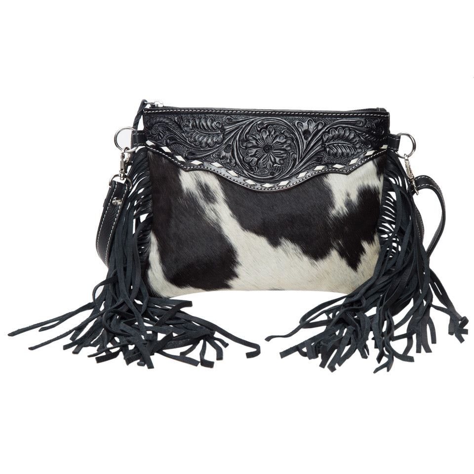 Tooling Leather Cowhide Clutch Bag with Fringes