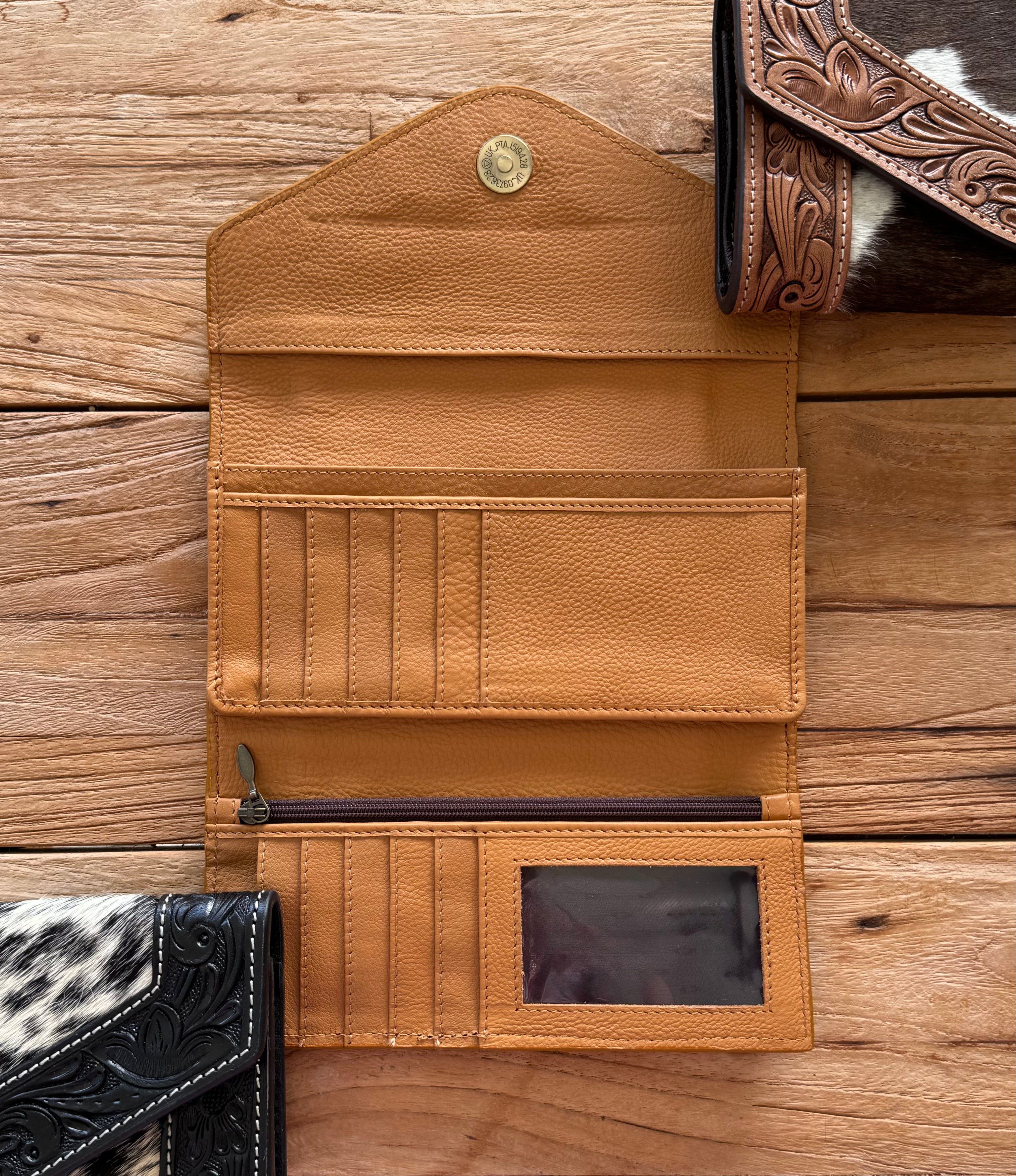 Tooled Cowhide Trifold Clutch
