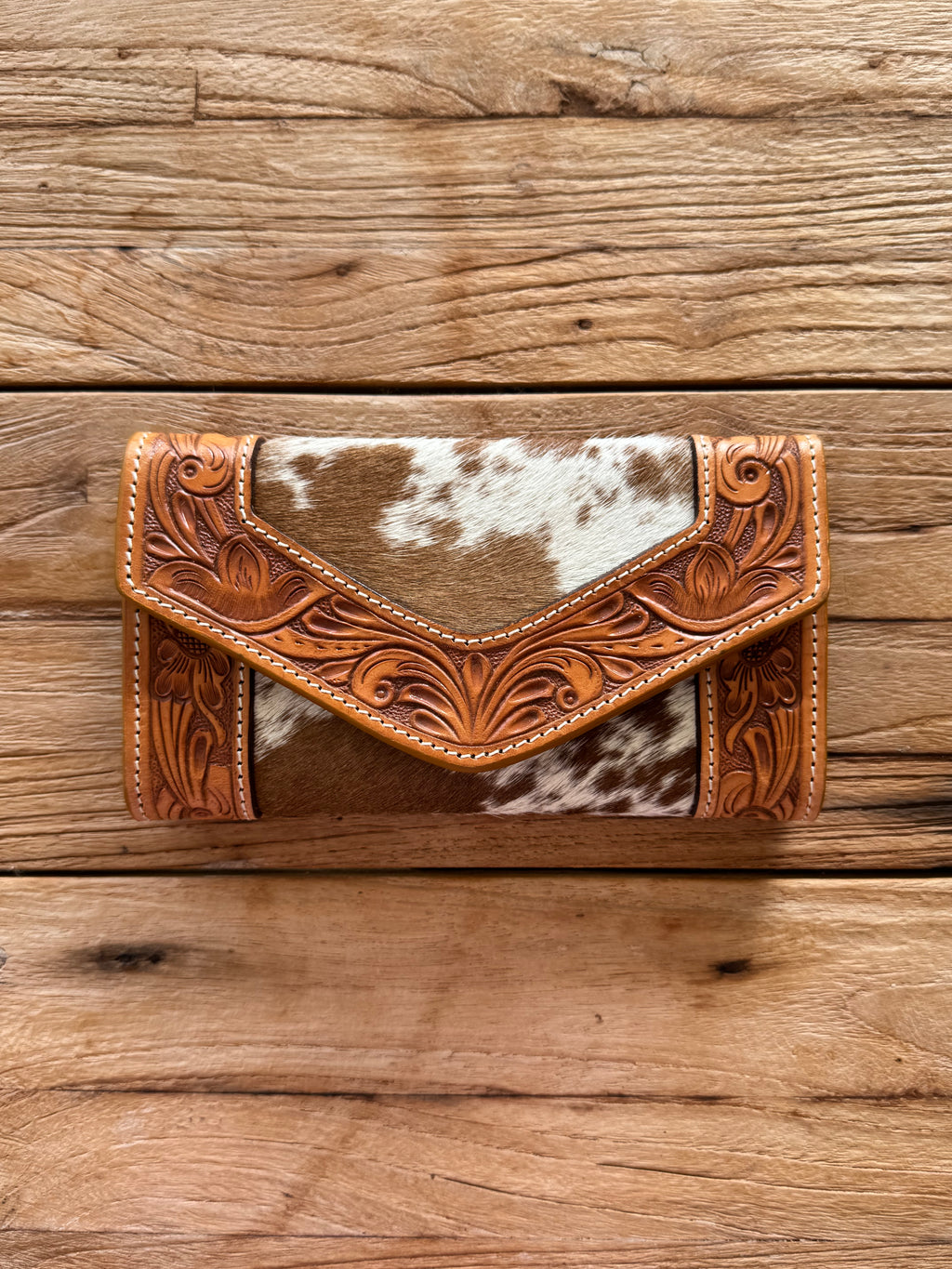 Tooled Cowhide Trifold Clutch