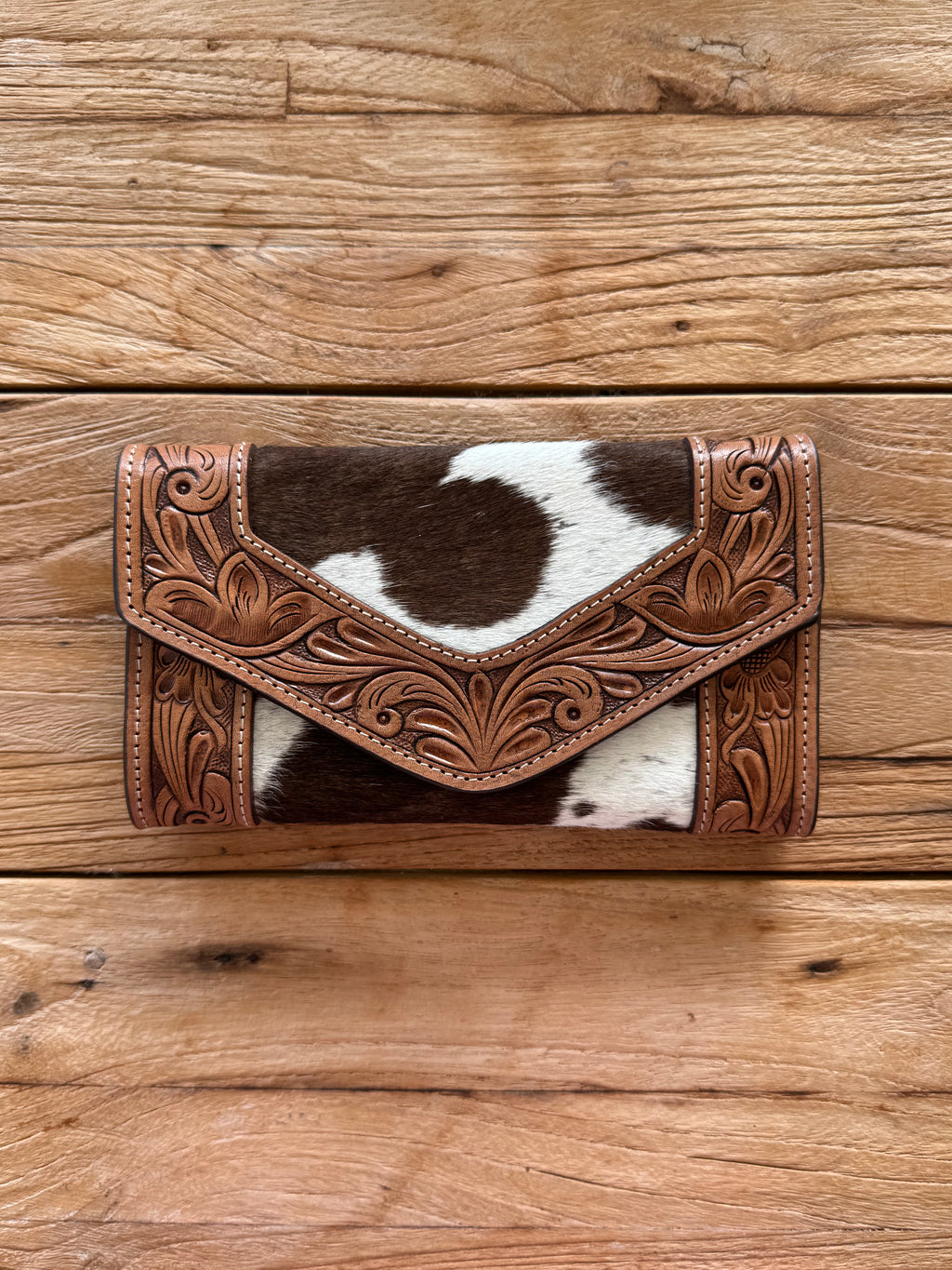 Tooled Cowhide Trifold Clutch
