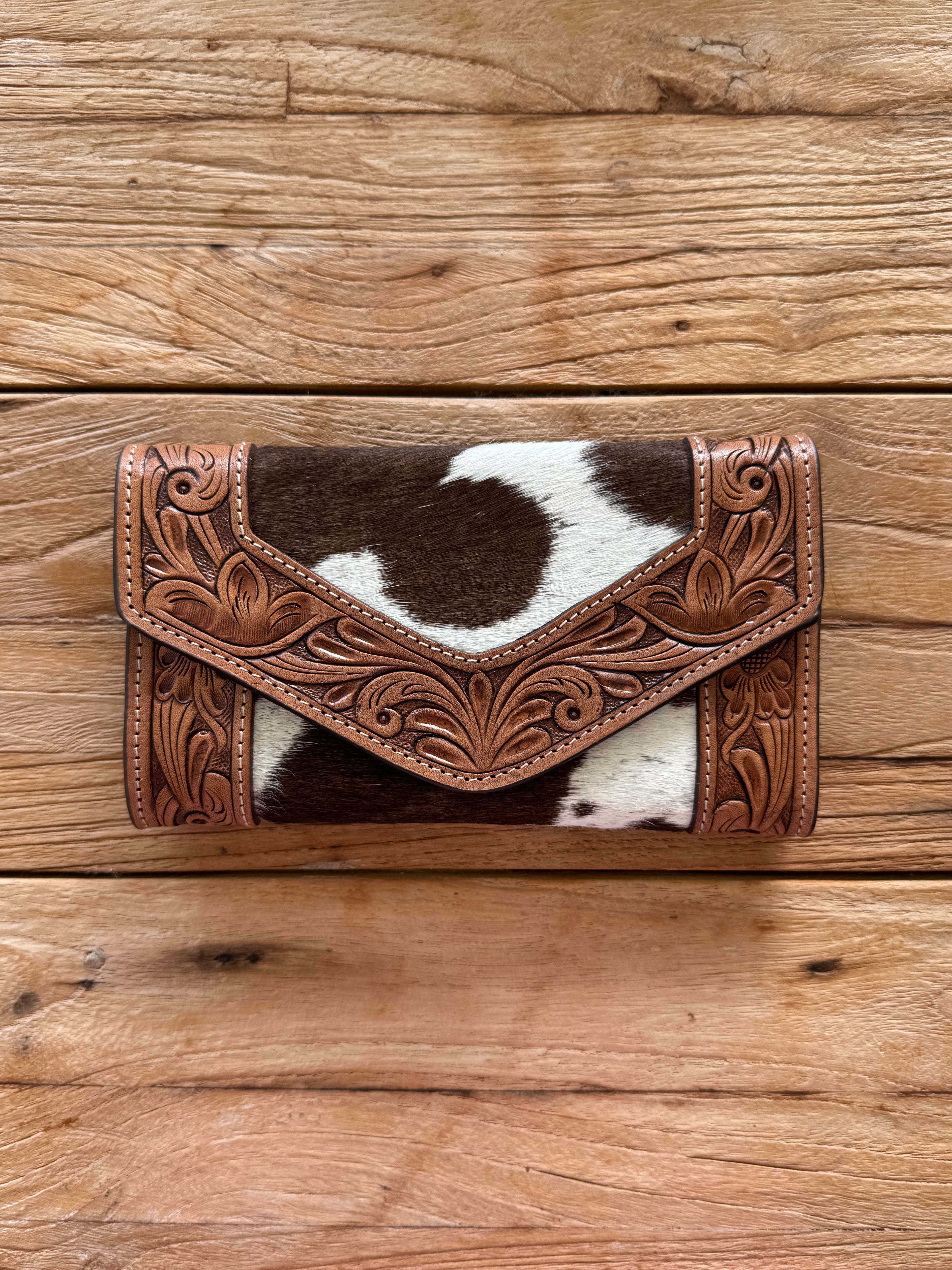 Tooled Cowhide Trifold Clutch