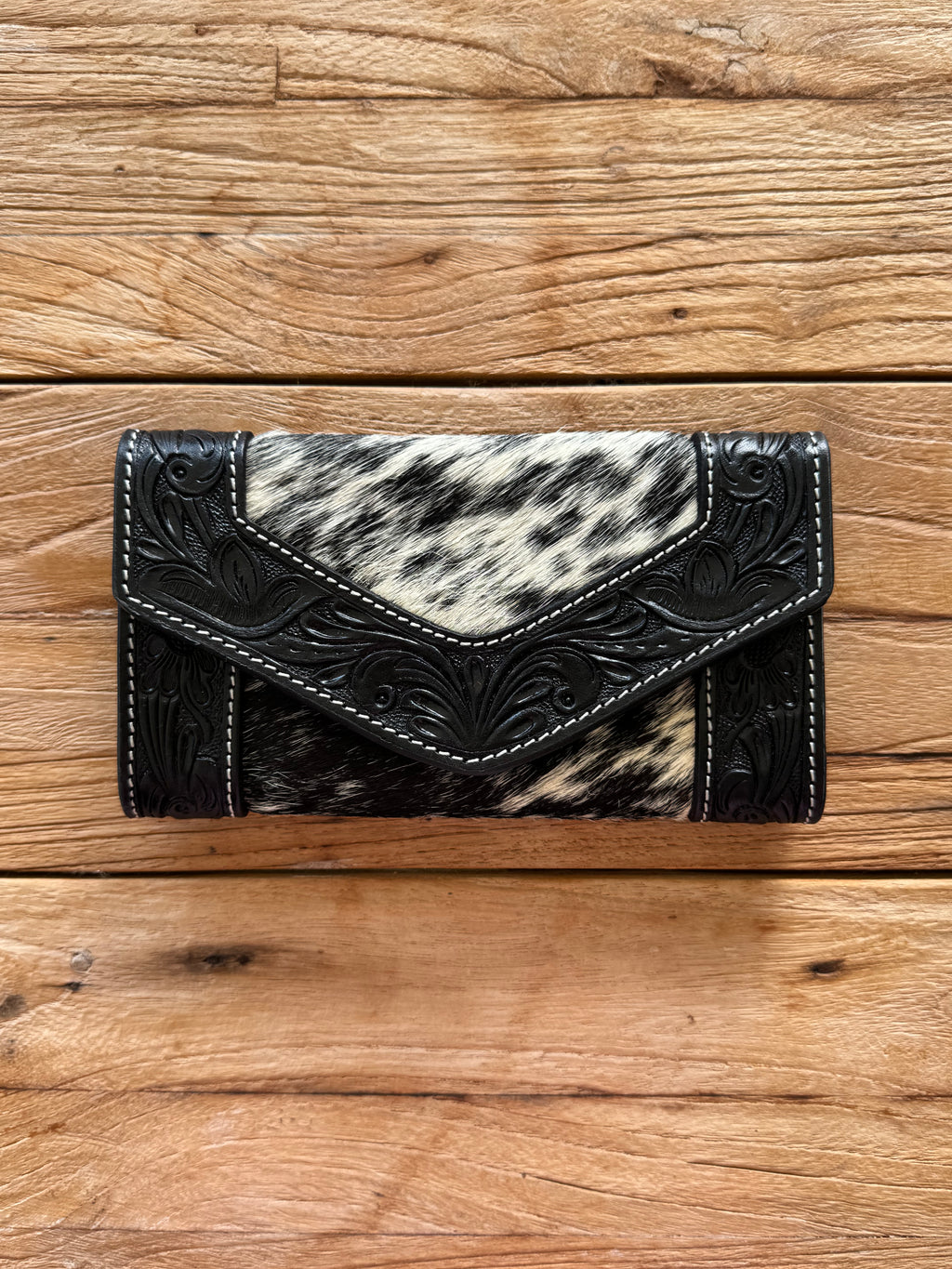 Tooled Cowhide Trifold Clutch