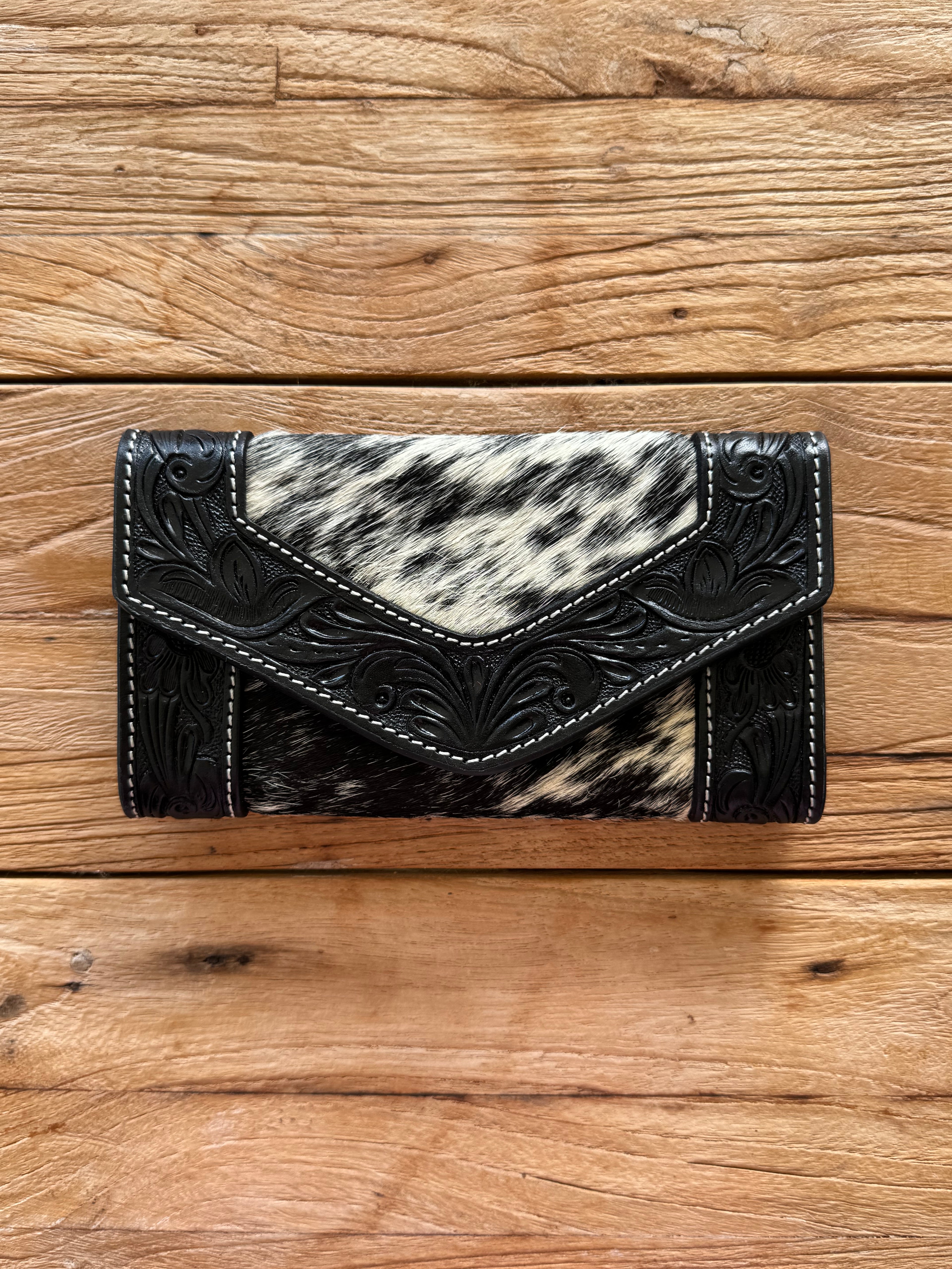 Tooled Cowhide Trifold Clutch