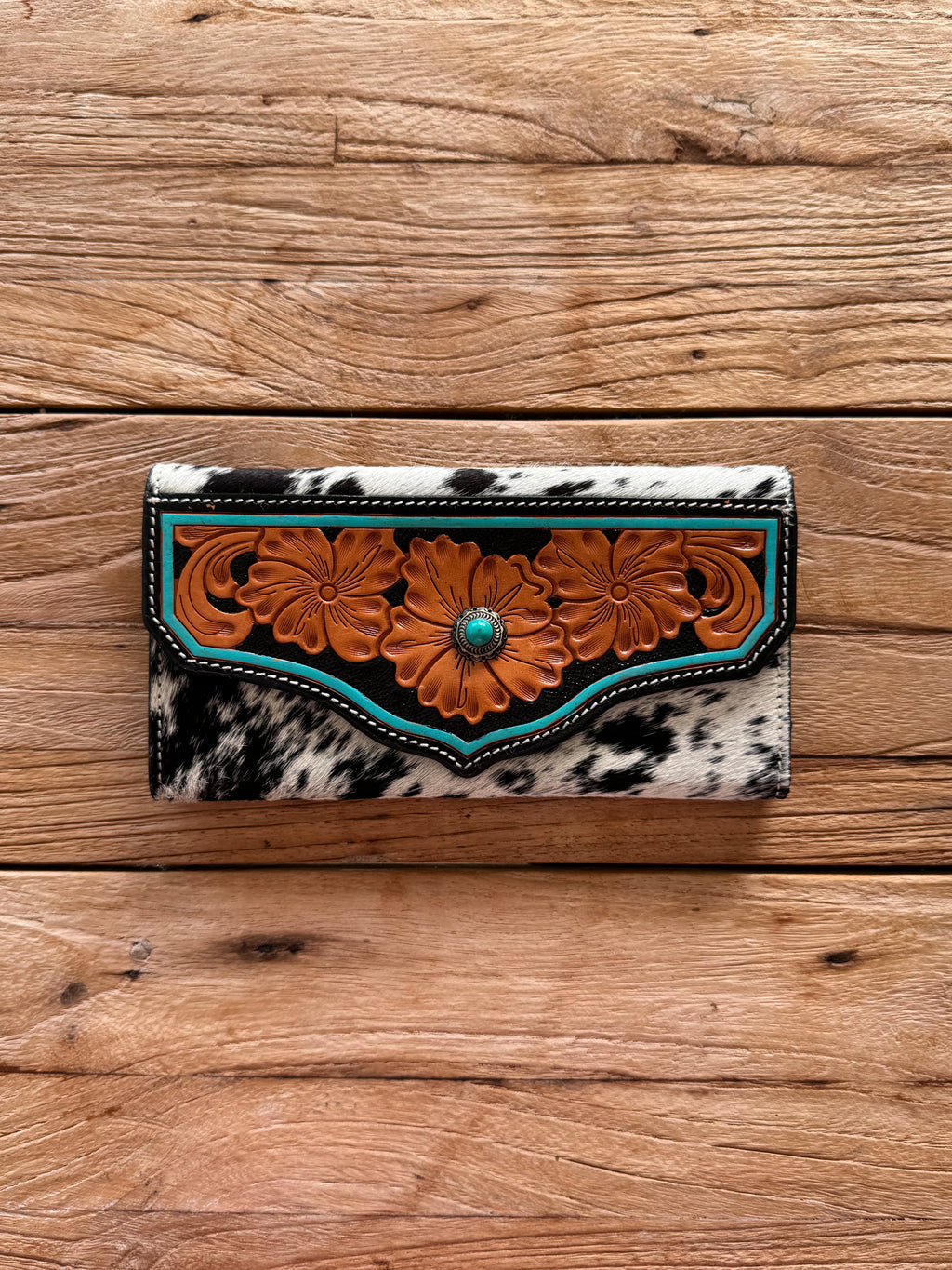 Cowhide Leather Wallet Turquoise Stonework