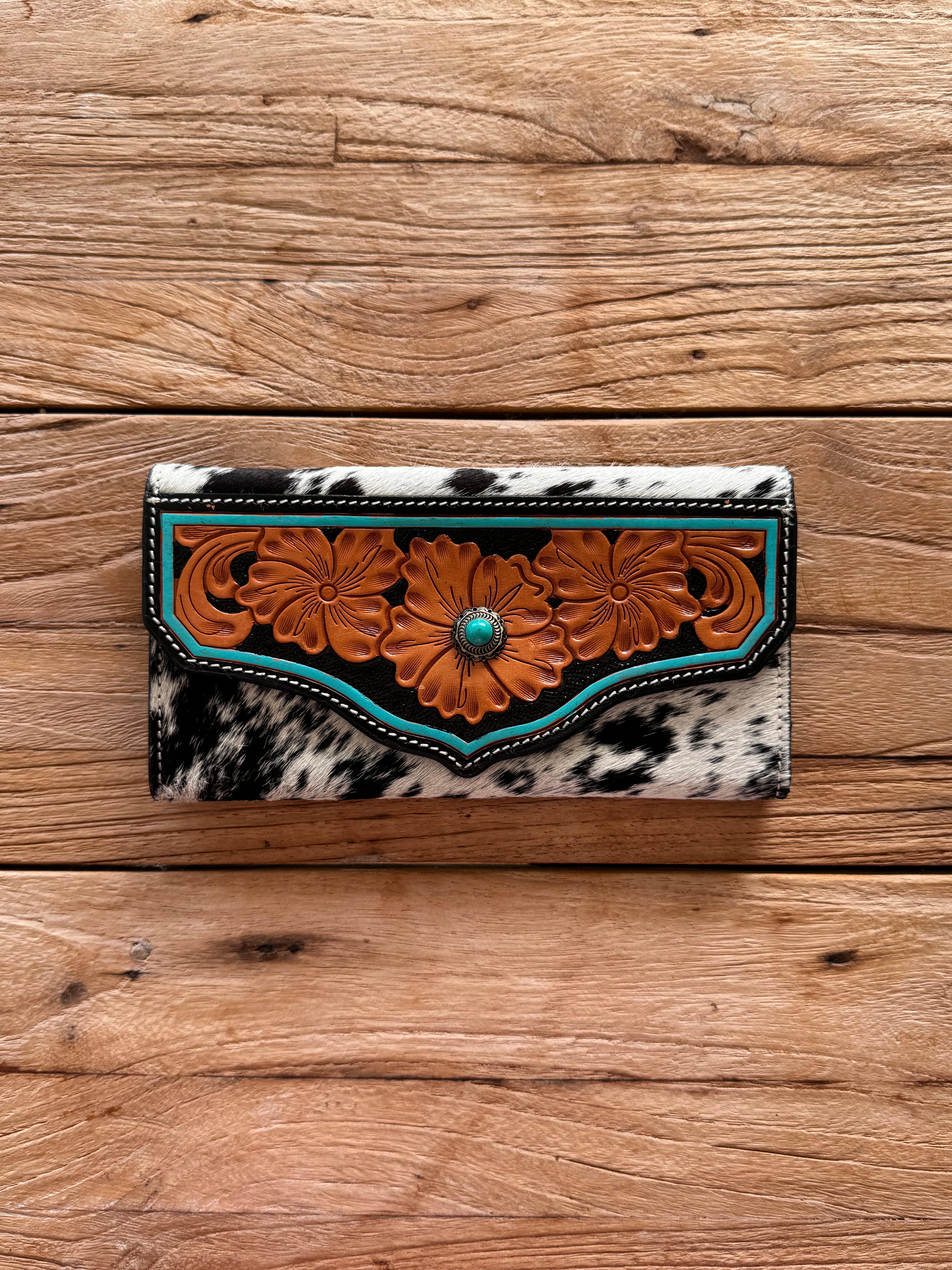 Cowhide Leather Wallet Turquoise Stonework