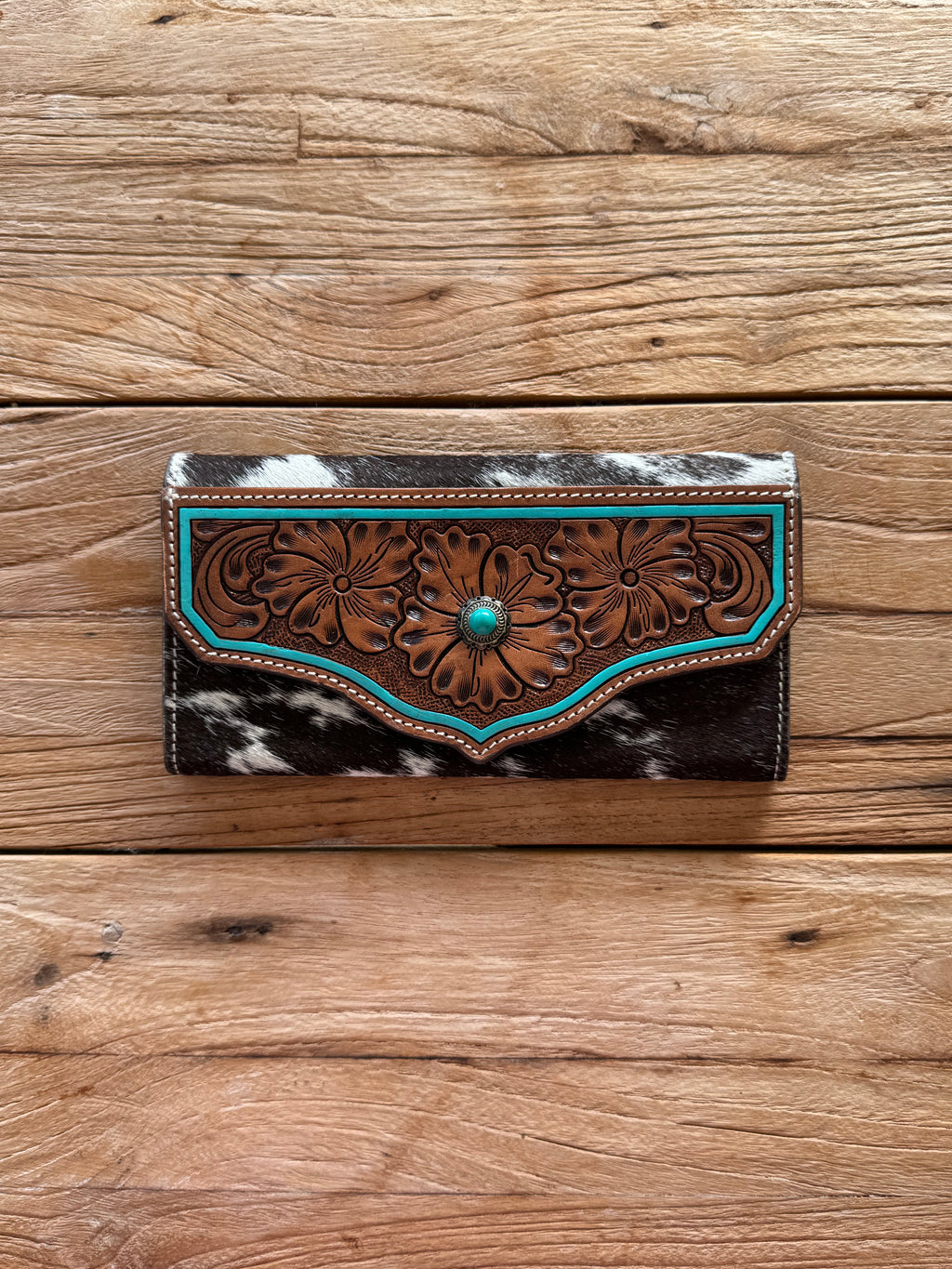 Cowhide Leather Wallet Turquoise Stonework