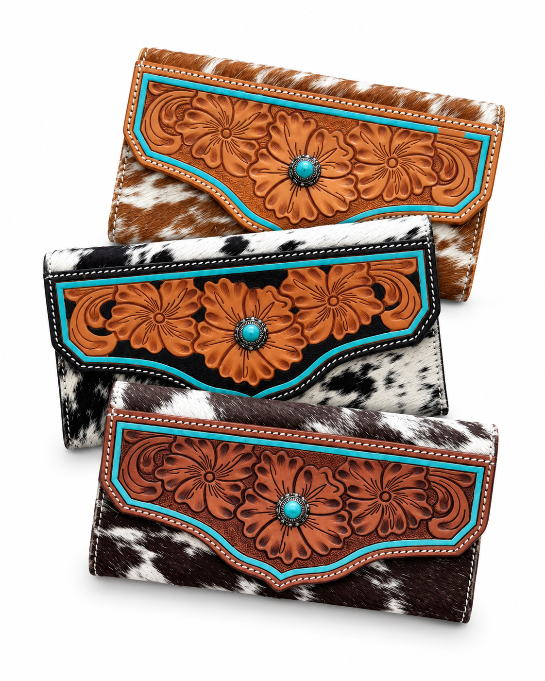 Turquoise Stonework Cowhide Wallet